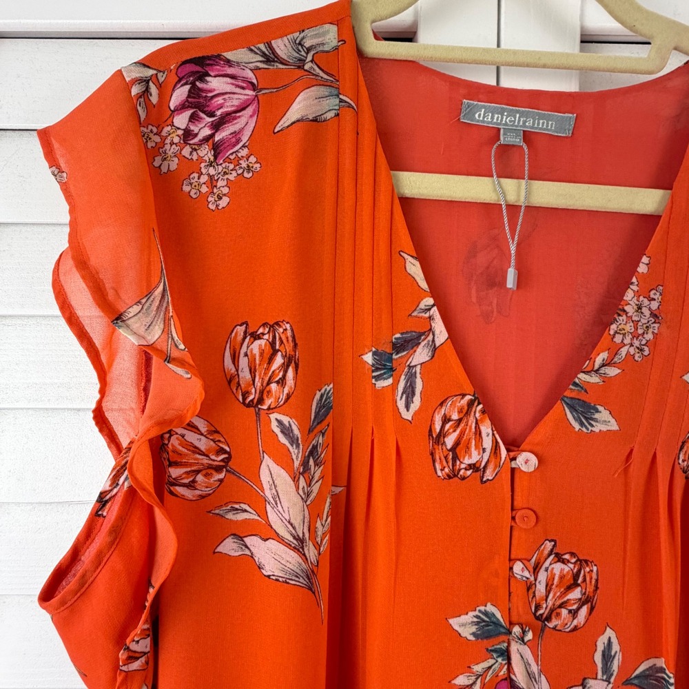 Daniel Rainn Floral Flutter Sleeve Blouse Women XXL Orange NEW - Picture 3 of 15